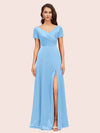 Elegant V-Neck Short Sleeves Long Soft Satin Party Prom Dresses With Slit