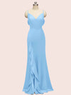 Sexy Mermaid Spaghetti Strap V-neck Long Soft Satin Prom Dresses With Slit