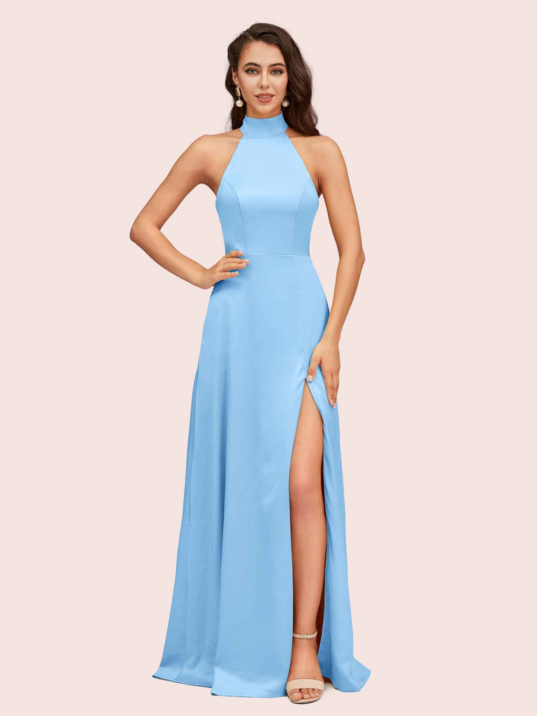 Elegant A-line High Neck Long Side Split Long Soft Satin Bridesmaid Dresses For Sale Elegant A-line High Neck Long Side Split Long Soft Satin Bridesmaid Dresses For Sale