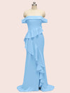 Sexy Off Shoulder Side Slit Long Soft Satin Bridesmaid Dresses With Ruffle