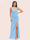 Sexy Spaghetti Straps V-neck Long Silky Soft Satin Formal Prom Dresses With Slit
