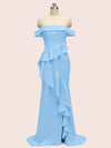 Sexy Off Shoulder Ruffles Long Soft Satin Party Prom Dresses With Slit