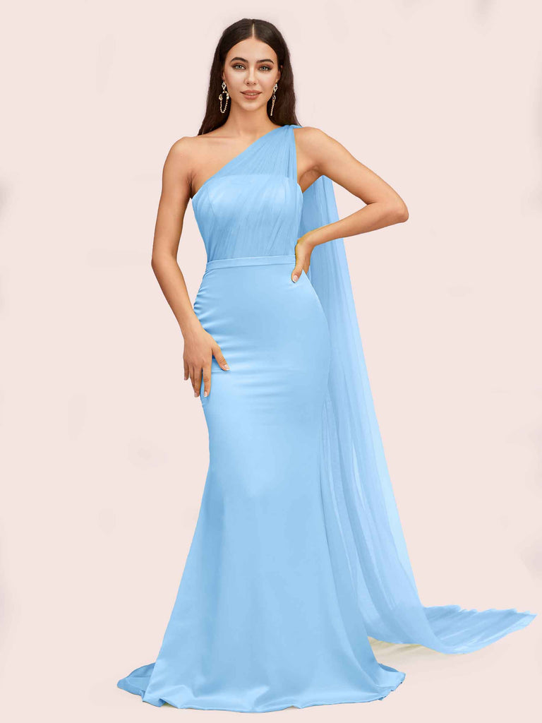 Unique Mermaid One Shoulder Long Soft Satin Bridesmaid Dresses With Tulle Unique Mermaid One Shoulder Long Soft Satin Bridesmaid Dresses With Tulle