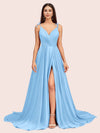Elegant Spaghetti Straps V-neck Long Soft Satin Side Slit Bridesmaid Dresses For Sale
