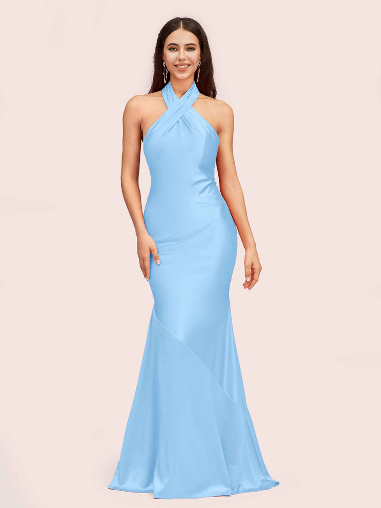 Sexy Backless Halter Sleeveless Long Mermaid Satin Bridesmaid Dresses Online Sexy Backless Halter Sleeveless Long Mermaid Satin Bridesmaid Dresses Online