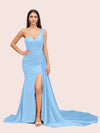 Sexy Mermaid One Shoulder Long Soft Satin Side Slit Bridesmaid Dresses For Sale