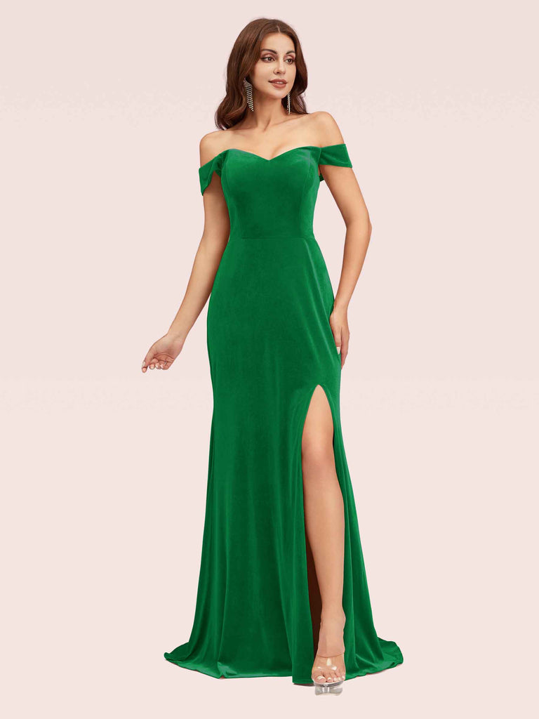 Elegant Side Slit Mermaid Off Shoulder Long Stretch Velvet Bridesmaid Dresses Online Elegant Side Slit Mermaid Off Shoulder Long Stretch Velvet Bridesmaid Dresses Online