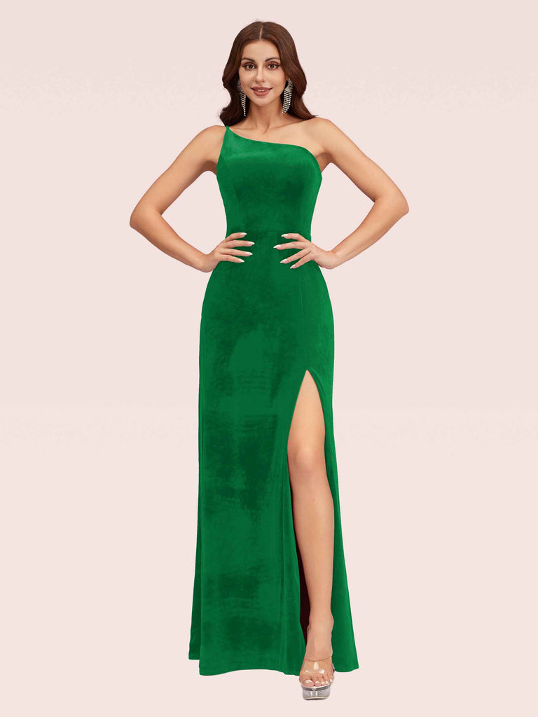 Sexy Simple One Shoulder Long Velvet Bridesmaid Dresses With Slit