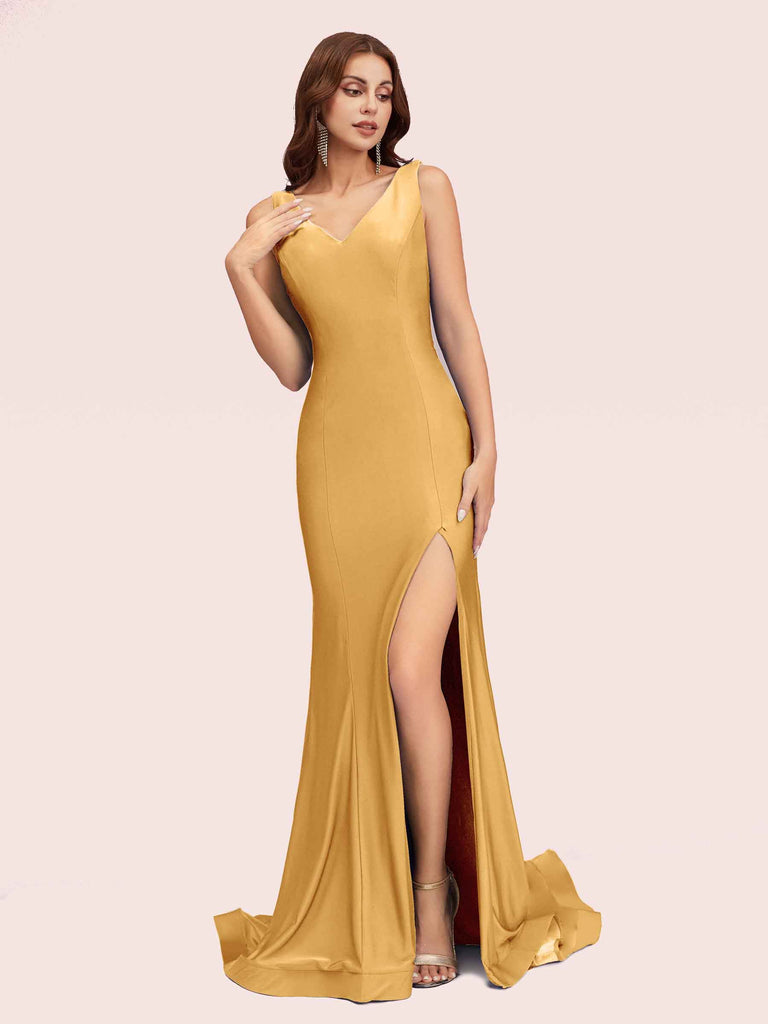Sexy Backless V-neck Side Slit Stretchy Jersey Long Mermaid Bridesmaid Dresses Sexy Backless V-neck Side Slit Stretchy Jersey Long Mermaid Bridesmaid Dresses