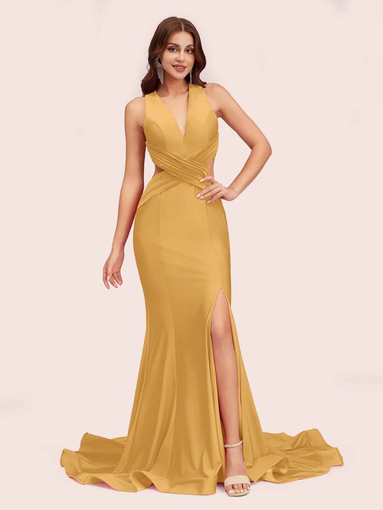 Sexy Mermaid Side Slit Deep V-neck Stretchy Jersey Long Bridesmaid Dresses Online Sexy Mermaid Side Slit Deep V-neck Stretchy Jersey Long Bridesmaid Dresses Online