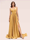 Sexy Side Slit Spaghetti Straps V-neck Jersey Long Bridesmaid Dresses Online For Sale