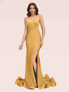 Sexy Spaghetti Straps V-neck Open Back Side Slit Stretchy Jersey Long Mermaid Bridesmaid Dresses