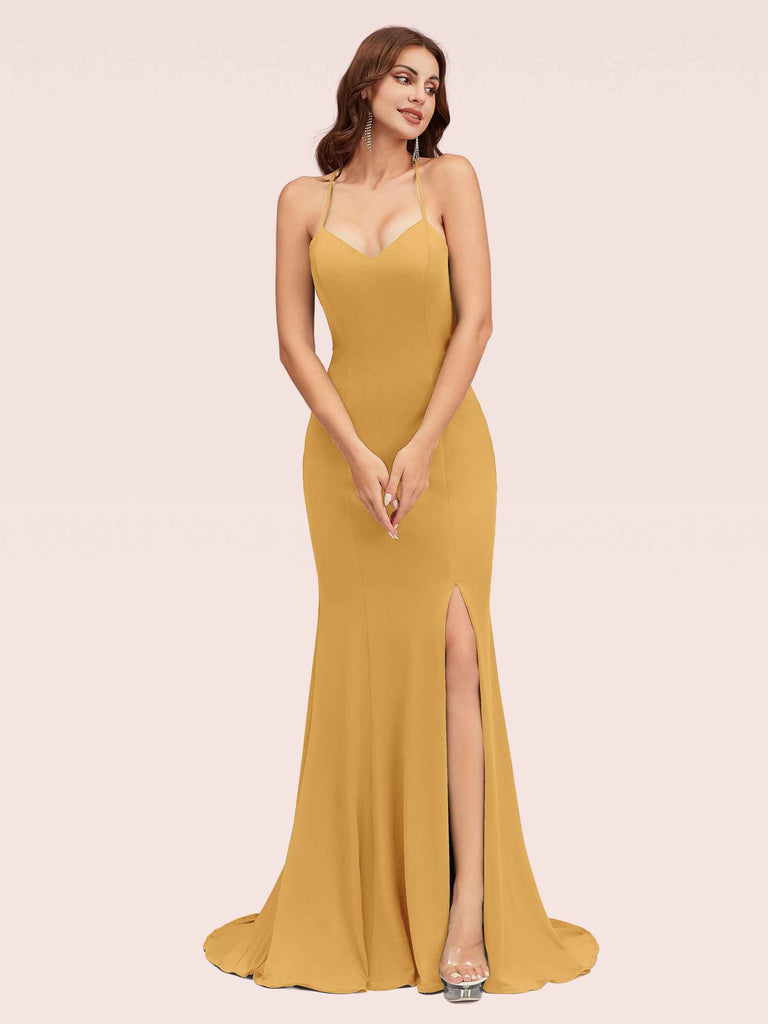Sexy Halter Criss Cross Back Stretchy Jersey Long Mermaid Bridesmaid Dresses With Slit Sexy Halter Criss Cross Back Stretchy Jersey Long Mermaid Bridesmaid Dresses With Slit