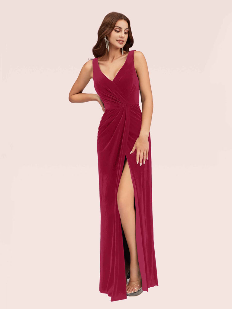 Sexy Velvet V-neck Sleeveless Side Slit Long Bridesmaid Dresses Online