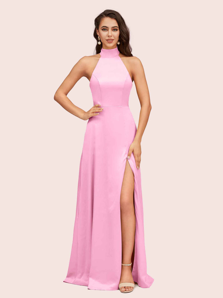 Elegant A-line High Neck Long Side Split Long Soft Satin Bridesmaid Dresses Elegant A-line High Neck Long Side Split Long Soft Satin Bridesmaid Dresses