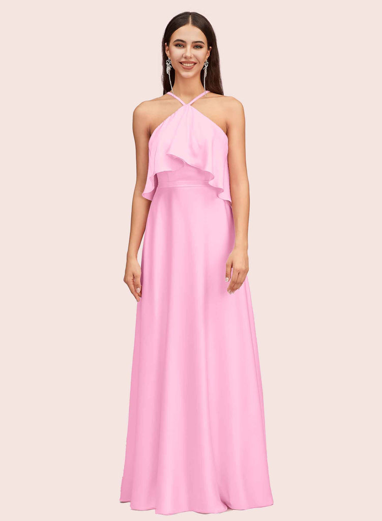 Elegant A-line Halter Sleeveless Long Soft Satin Bridesmaid Dresses Online Elegant A-line Halter Sleeveless Long Soft Satin Bridesmaid Dresses Online