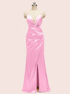 Sexy Mermaid Spaghetti Strap Side Slit Satin Long Formal Dresses For Women