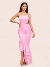 Sexy Unique Mermaid Spaghetti Straps Asymmetrical Soft Satin Formal Prom Dresses