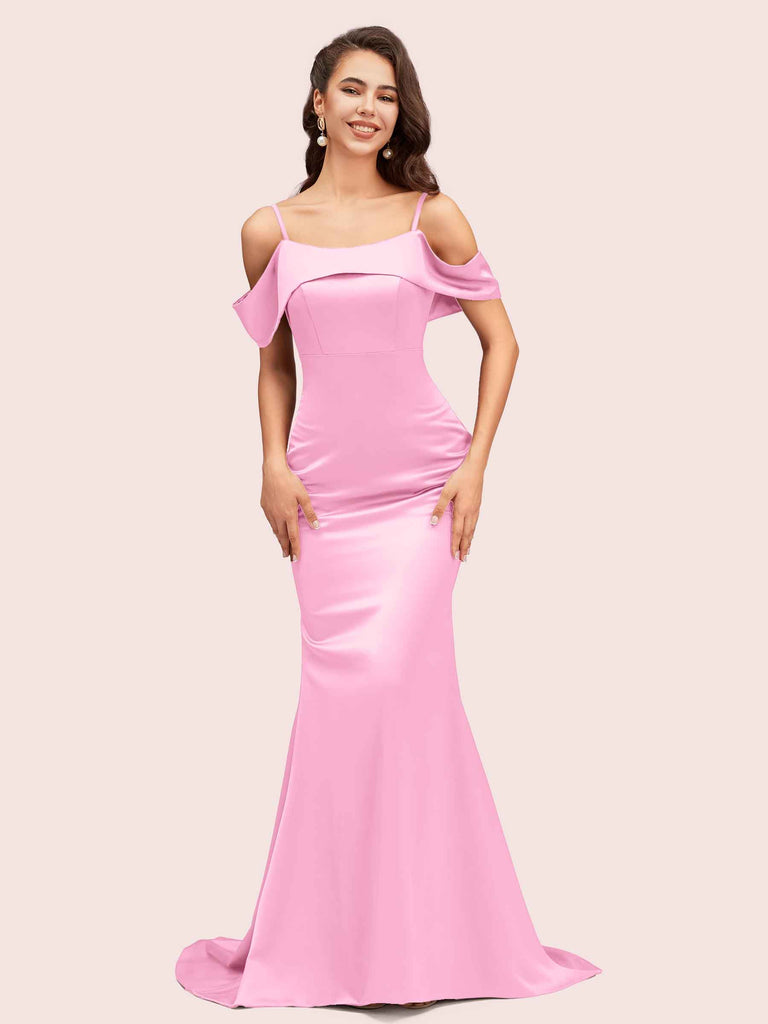 Sexy Mermaid Cold Shoulder Floor Length Long Soft Satin Bridesmaid Dresses Online