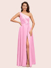 Elegant One Shoulder Side Slit Long Soft Satin Party Prom Dresses 2023