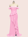 Sexy Off Shoulder Ruffles Long Soft Satin Party Prom Dresses With Slit