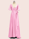 Elegant V-Neck A-Line Long Soft Satin Short Sleeve Bridesmaid Dresses