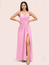 Modern Spaghetti Straps V-neck Side Slit Long Satin Bridesmaid Dresses With Slit