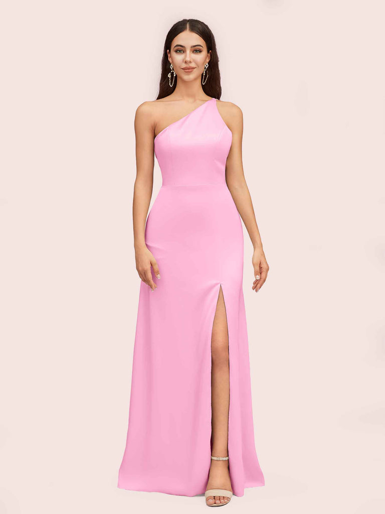 simple silk bridesmaid dress Simple A Line Scoop Neck Blue Silk Satin Long Bridesmaid Dresses with Slit ABBD061803 Anniebride