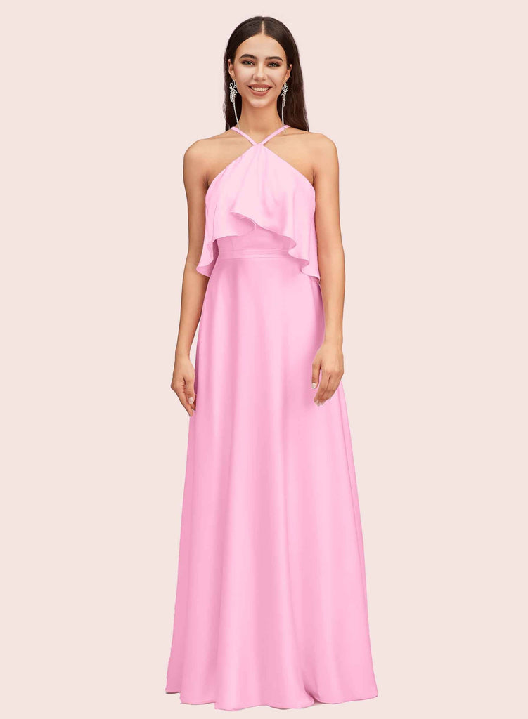 Cetims Cute Halter Sleeveless Long Soft Satin Graduation Prom Dresses Online pretty Prom Dresses Cute Prom Dresses Blush