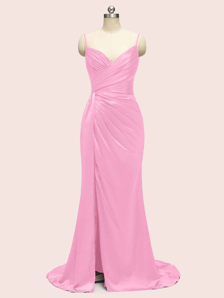 Sexy Mermaid Spaghetti Strap Long Side Slit Soft Satin Formal Prom Dresses Online