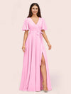 Elegant A-line V-neck Short Sleeves Long Bridesmaid Dresses With Slit