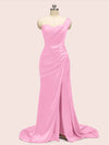 Sexy One Shoulder Long Soft Satin Mermaid Party Prom Dresses With Slit