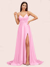 Elegant A-line Spaghetti Straps Long Soft Satin Party Prom Dresses With Slit