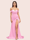 Sexy Side Slit Off Shoulder Long Silky Satin Mermaid Formal Prom Dresses Online
