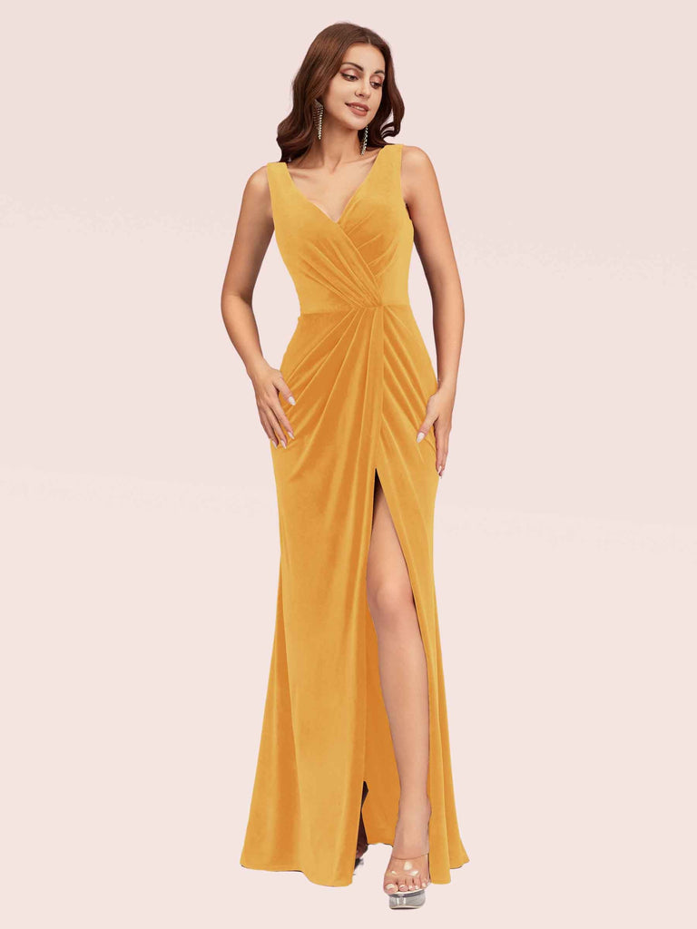 Elegant Mermaid V Neck Long Side Split Off Shoulder Velvet Bridesmaid Dresses For Sale Cetims Gold