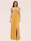 Sexy Side Slit Short Sleeves Velvet V-neck Long Formal Prom Dresses 2023