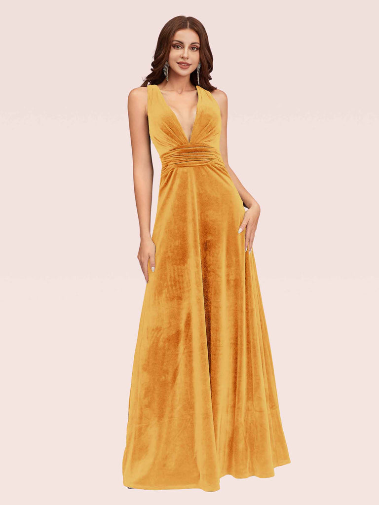 Sexy Deep V Neck Velvet V-Neck Criss Cross Long Bridesmaid Dresses Online