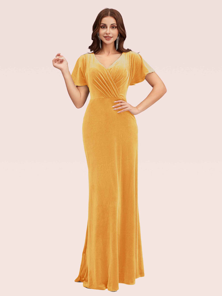 Sexy Short Sleeves Open Back Long Stretch Velvet Bridesmaid Dresses Online Sexy Short Sleeves Open Back Long Stretch Velvet Bridesmaid Dresses Online