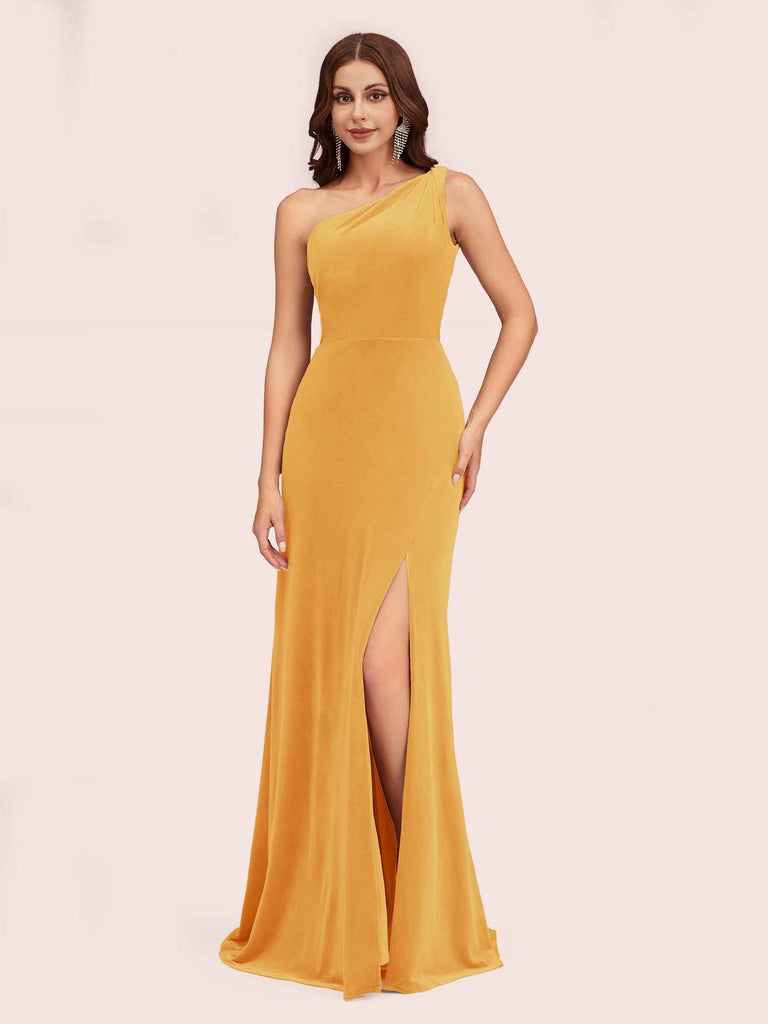 Modern Velvet One Shoulder Side Slit Sheath Long Bridesmaid Dresses Online Modern Velvet One Shoulder Side Slit Sheath Long Bridesmaid Dresses Online