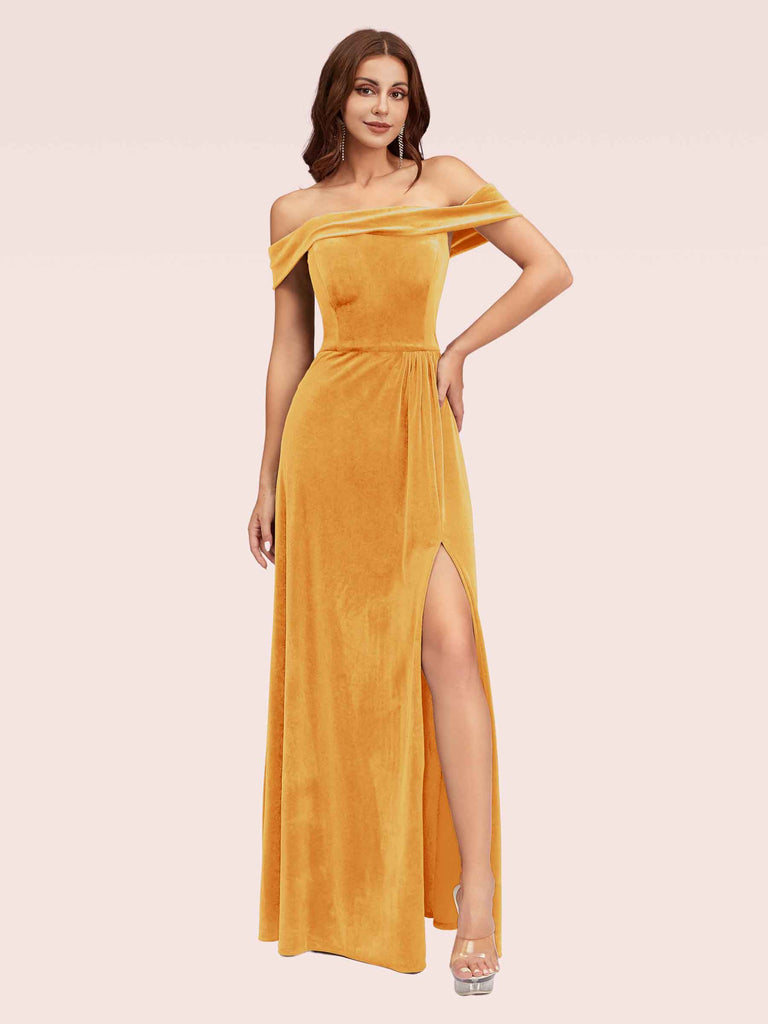 Elegant Stretch Velvet Off Shoulder Side Slit Long Bridesmaid Dresses Online Elegant Stretch Velvet Off Shoulder Side Slit Long Bridesmaid Dresses Online