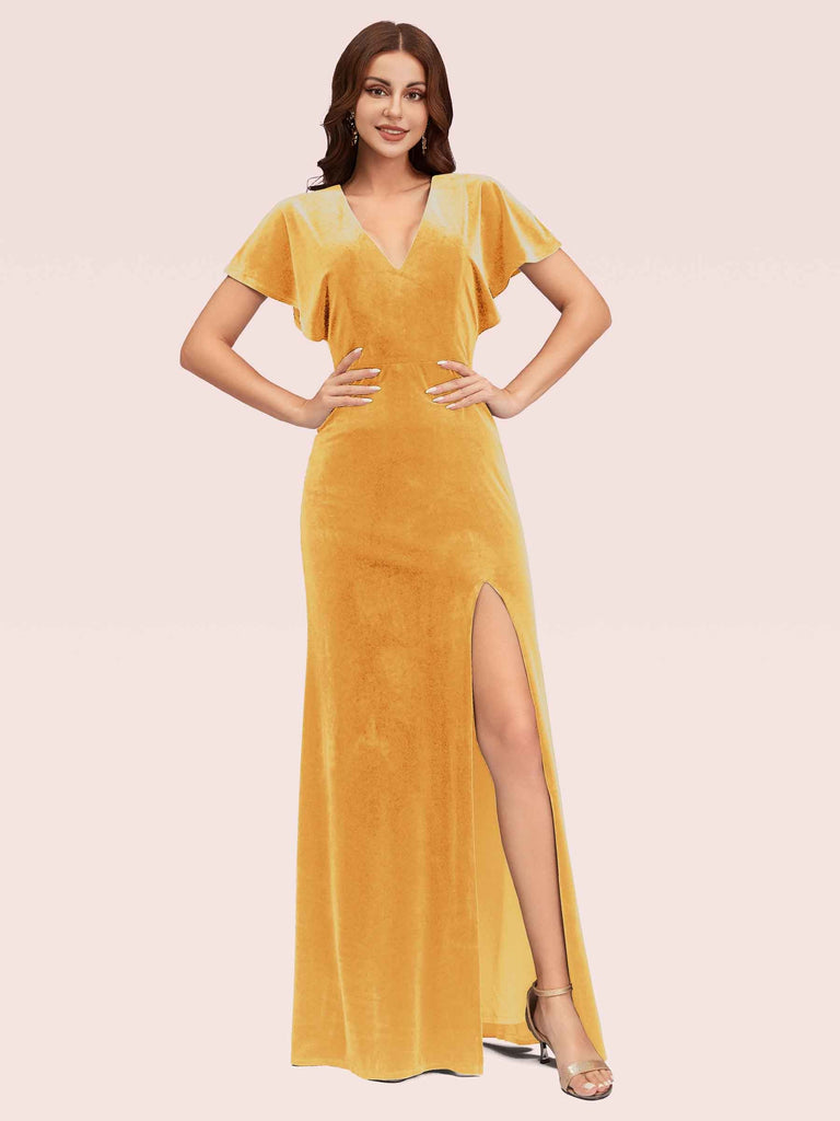 sexy velvet dress Sexy Bat Sleeves V-neck Long Stretch Velvet Party Prom Dresses With Slit