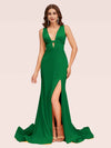 Sexy Backless V-neck Open Back Side Slit Stretchy Jersey Long Mermaid Bridesmaid Dresses