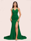 Sexy Spaghetti Straps Sleeveless Mermaid Jersey Long Formal Prom Dresses With Slit