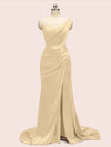 Sexy One Shoulder Long Soft Satin Mermaid Party Prom Dresses With Slit