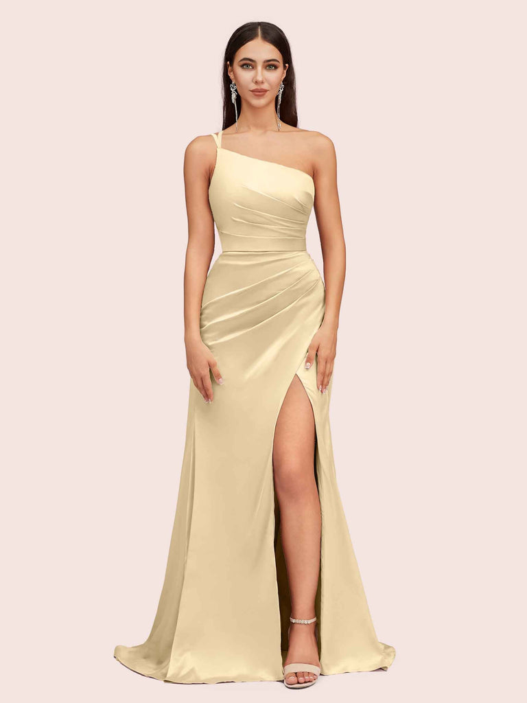 Soft Satin One Shoulder Side Slit Silky Long Mermaid Bridesmaid Dresses Online For Sale Soft Satin One Shoulder Side Slit Silky Long Mermaid Bridesmaid Dresses Online For Sale