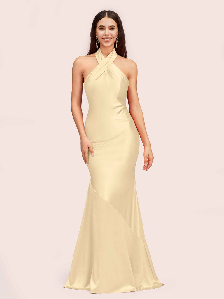 Sexy Backless Halter Sleeveless Long Mermaid Satin Bridesmaid Dresses Online Sexy Backless Halter Sleeveless Long Mermaid Satin Bridesmaid Dresses Online