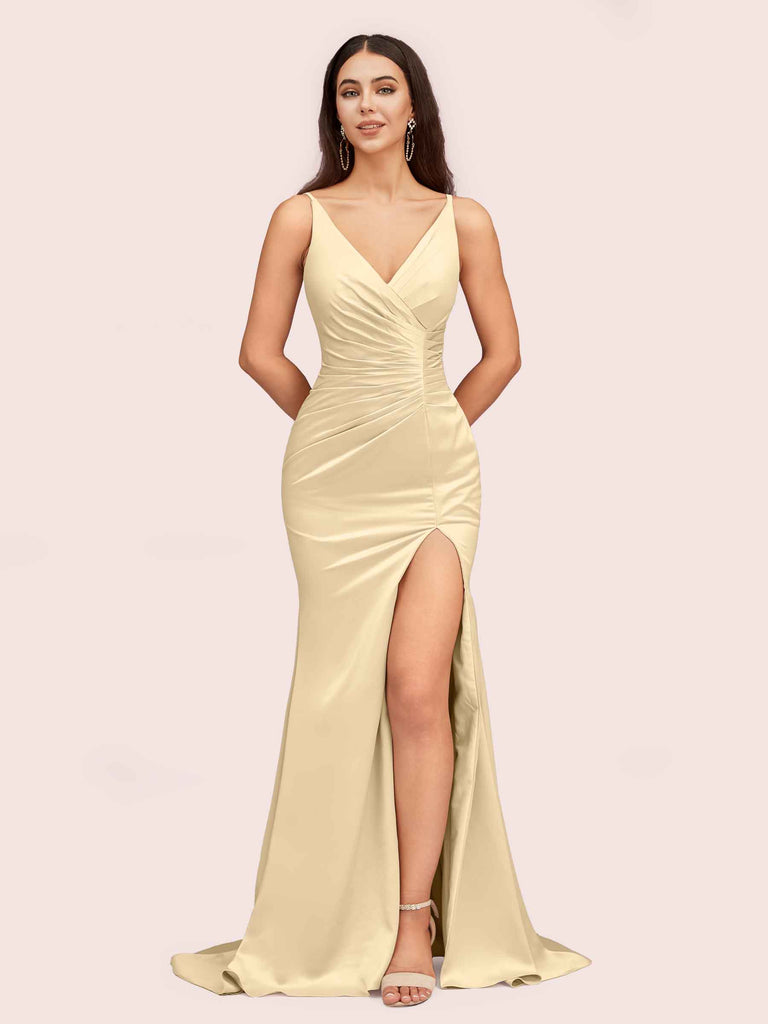 Sexy Mermaid V-neck Side Slit Long Soft Satin Bridesmaid Dresses Online Sexy Mermaid V-neck Side Slit Long Soft Satin Bridesmaid Dresses Online