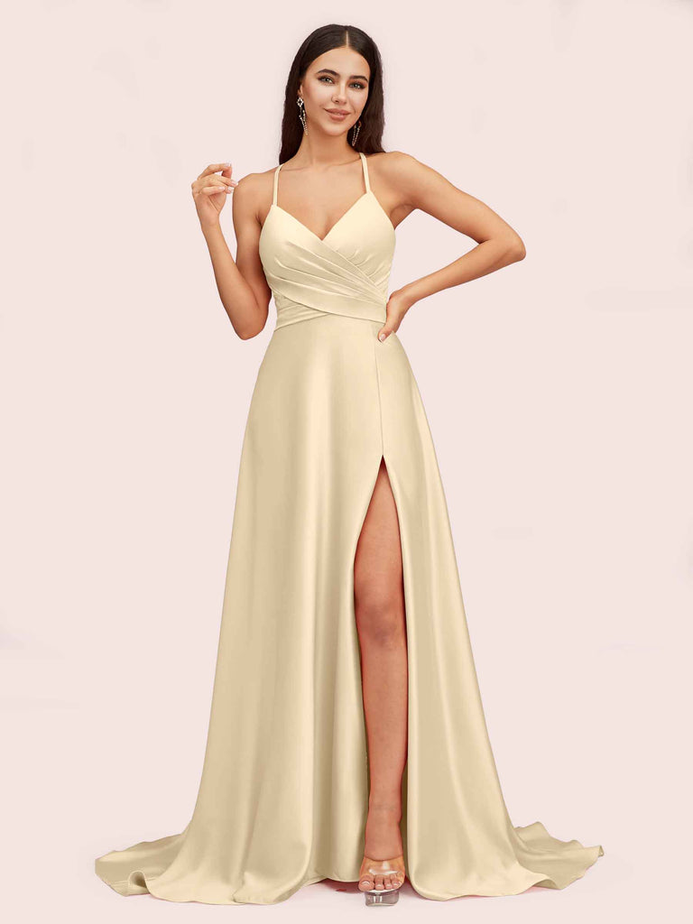 Elegant A-line Spaghetti Straps Long Soft Satin Bridesmaid Dresses With Slit