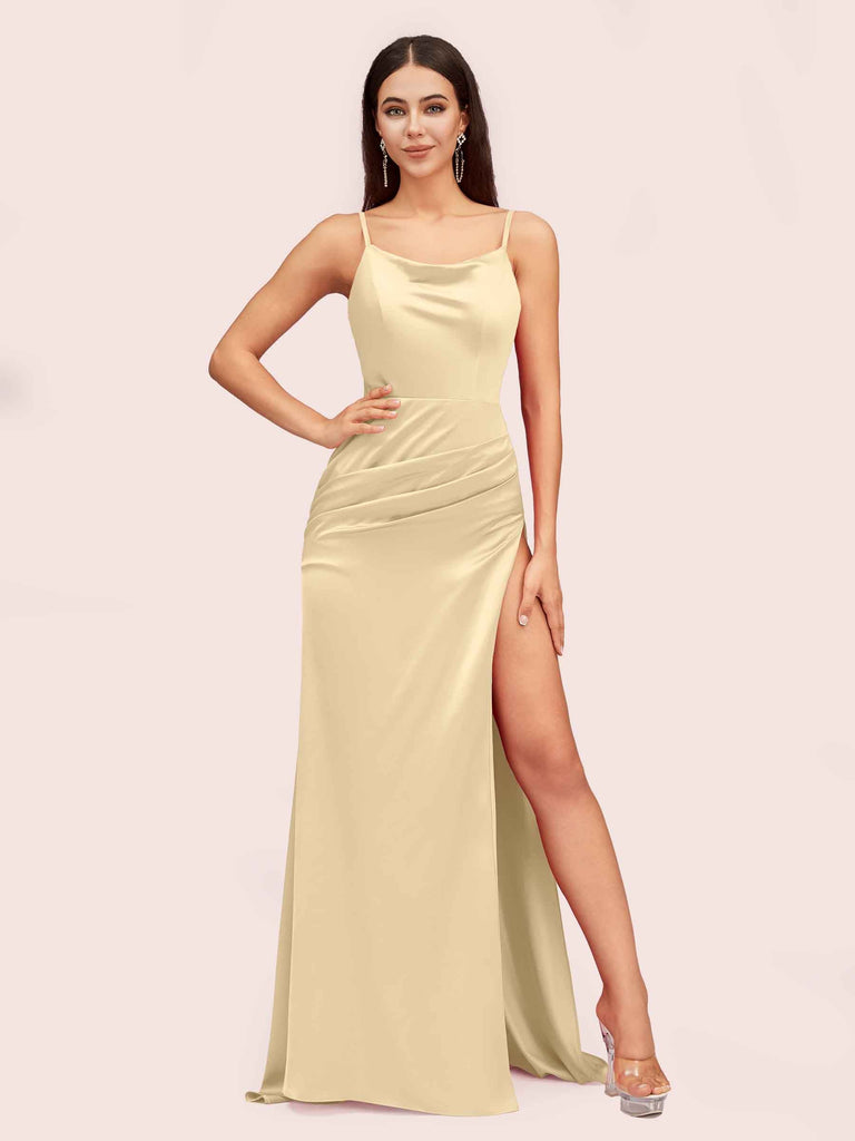 Sexy Spaghetti Straps Mermaid Long Soft Satin Graduation Prom Dresses With Slit Sexy Spaghetti Straps Mermaid Long Soft Satin Graduation Prom Dresses With Slit