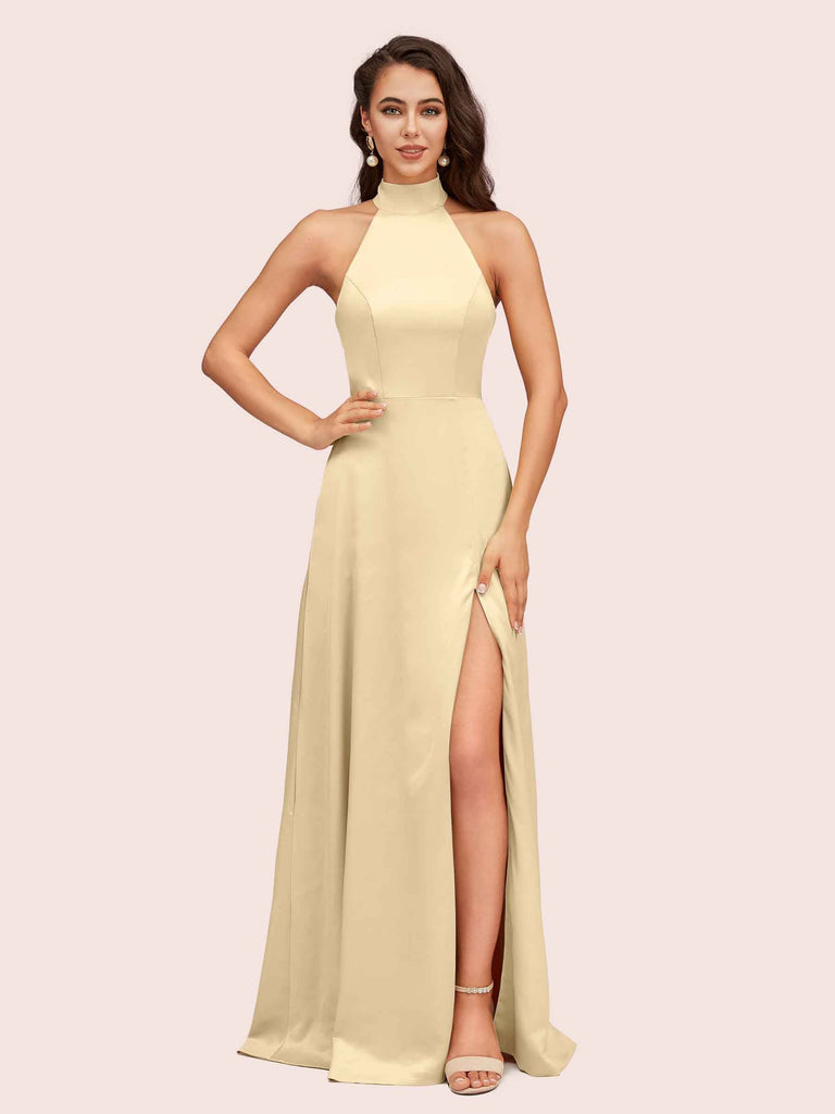 Cetims Elegant A line High Neck Long Side Split Long Soft Satin Bridesmaid Dresses Champagne